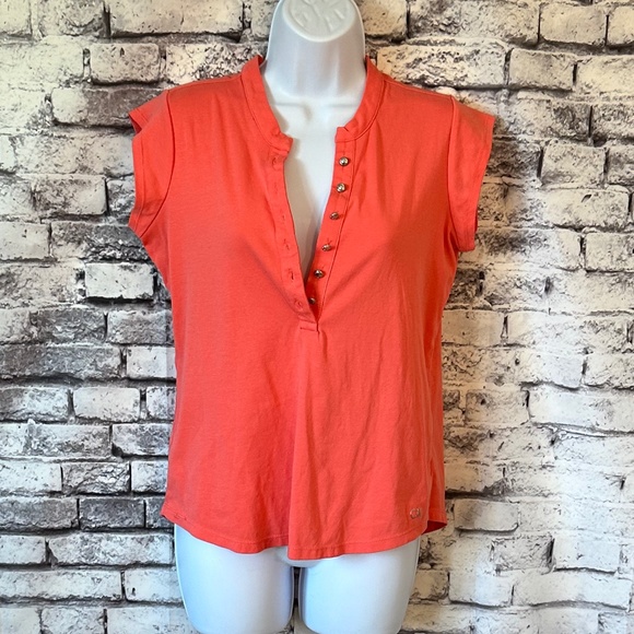Calin Klien Coral Cap Sleeve Partial Button up T-shirt Size S - Picture 2 of 6